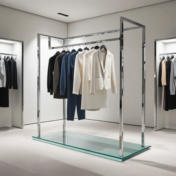 Minimalist Glass and Metal Hanger Clothing Display Store Decor-3