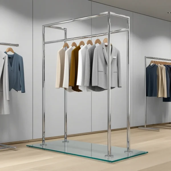 Minimalist Glass and Metal Hanger Clothing Display Store Decor-2