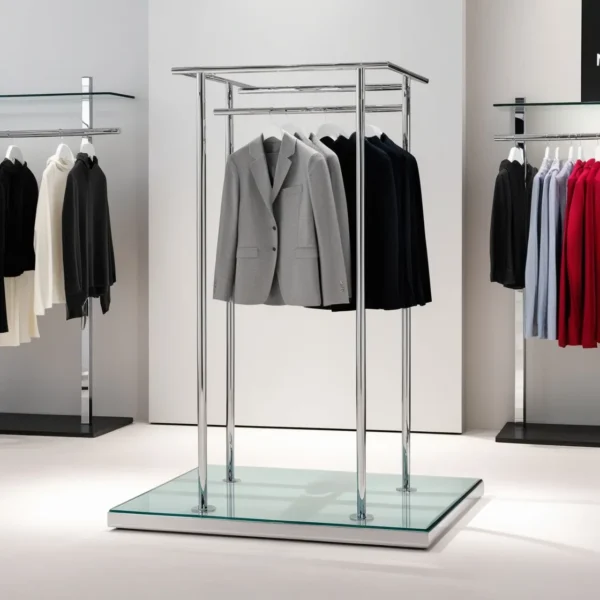 Minimalist Glass and Metal Hanger Clothing Display Store Decor