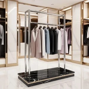 Élégant et luxueux porte-vêtements de boutique haut de gamme en placage de marbre chromé brillant-3