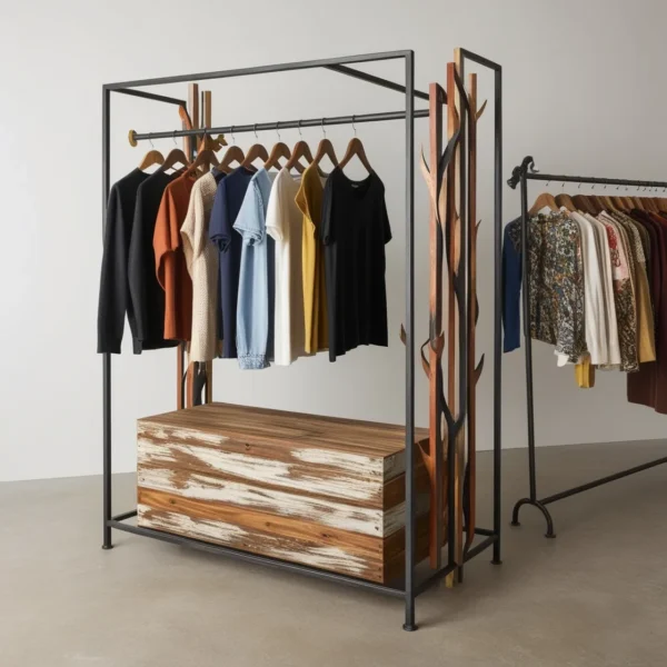 Eclectische antieke afwerking hout houten en metalen hangers kleding winkel display-3