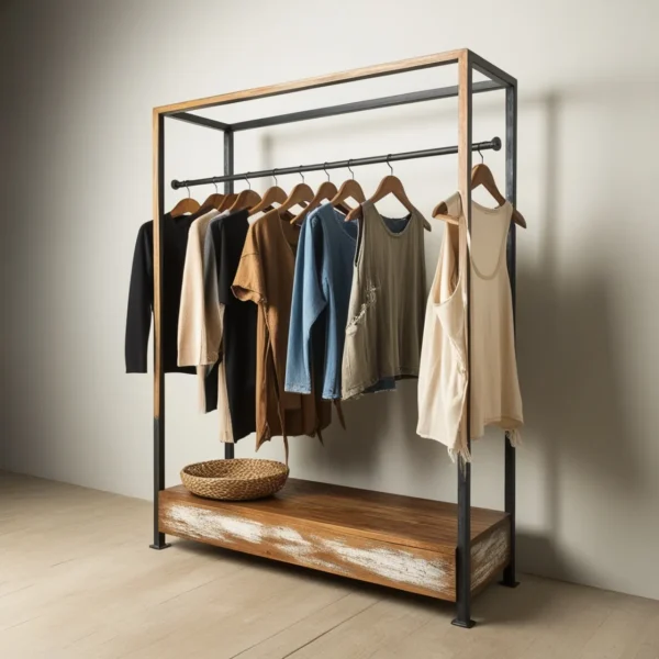 Eclectische antieke afwerking hout houten en metalen hangers kleding winkel display-2