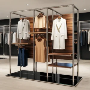 Modern Stylish Wood and Stainless Steel Clothing Display Rack-2