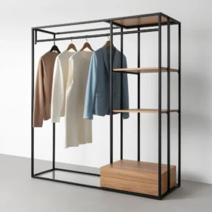 Simple and stylish iron on matte black simple iron and wood clothing display rack-2