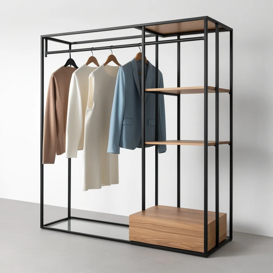 Einfache und stilvolle Eisen auf mattschwarzen einfachen Eisen und Holz Kleidung Display Rack-2