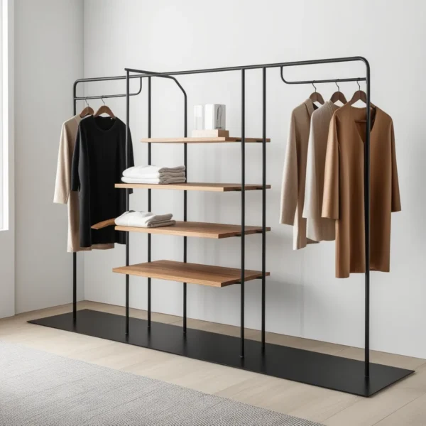 Einfache und stilvolle Eisen auf mattschwarzen einfachen Eisen und Holz Kleidung Display Rack-3