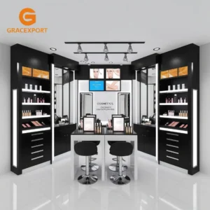 Metal Wooden Cosmetics Display with LED & Trial Stations