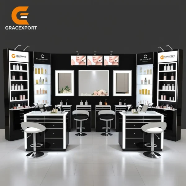 Modern metal wooden cosmetics display stand with LED lighting