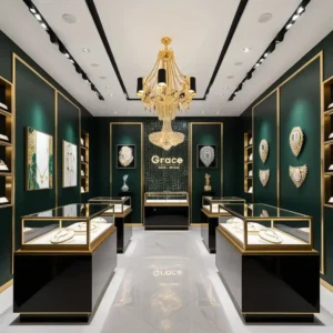 Luxurious Art Deco Jewelry Store interior with dark green walls and gold accents