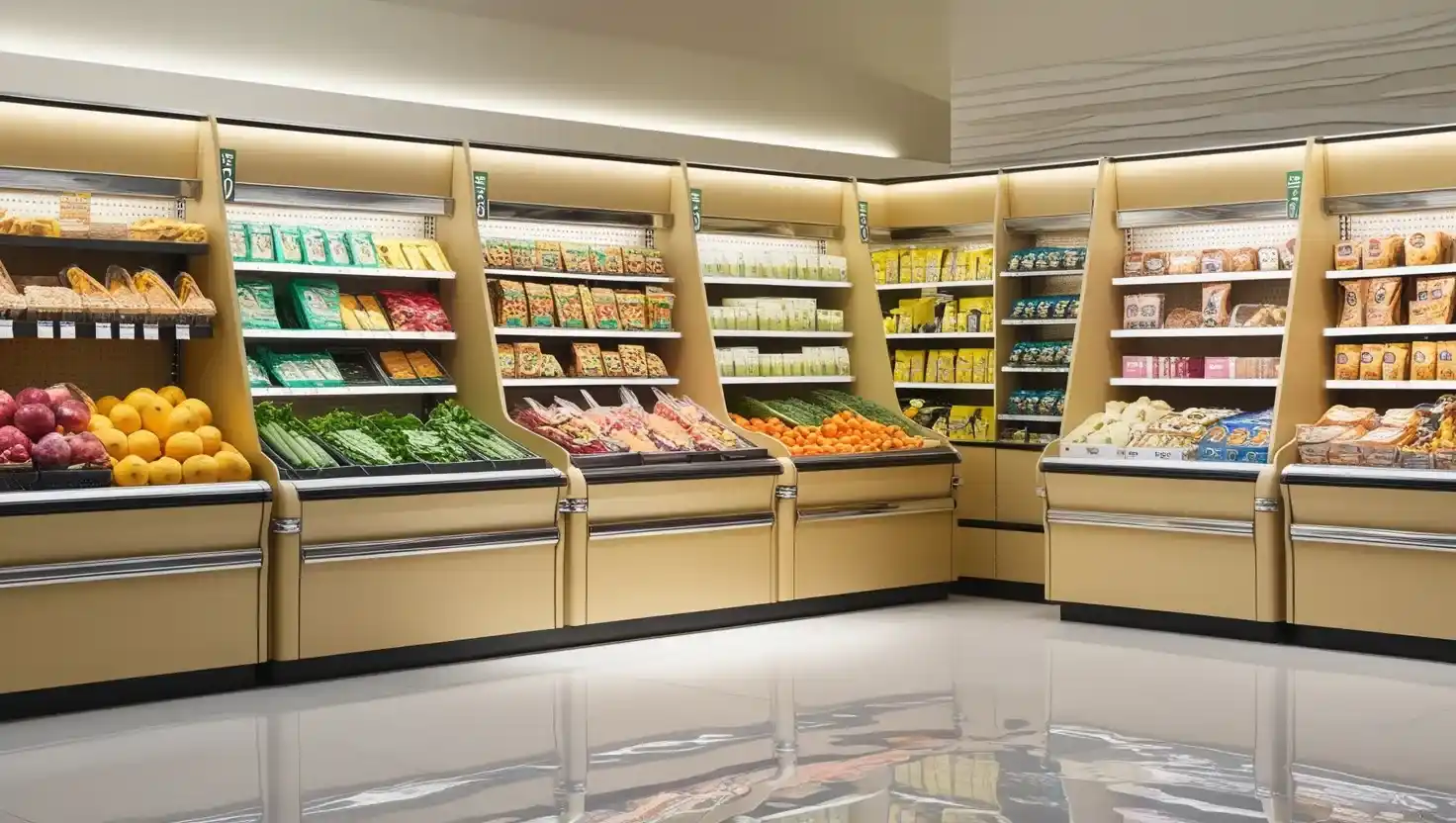 Various types of supermarket display racks with different products displayed, showcasing both functionality and aesthetics in a store layout