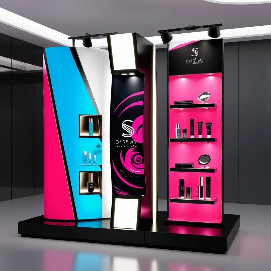 High-impact Cosmetic Display Stand ontwerp met opvallende kleuren en afbeeldingen