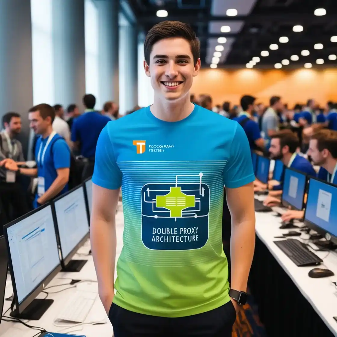 Team member wearing a T-shirt with double proxy racks design at a tech event