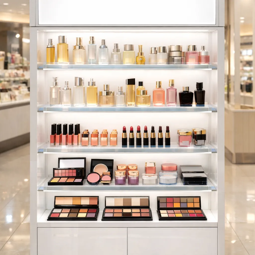 Gracedisplay custom cosmetics display cabinet with LED lighting, glass shelves, showcasing perfumes, lipsticks, and makeup palettes for retail stores.