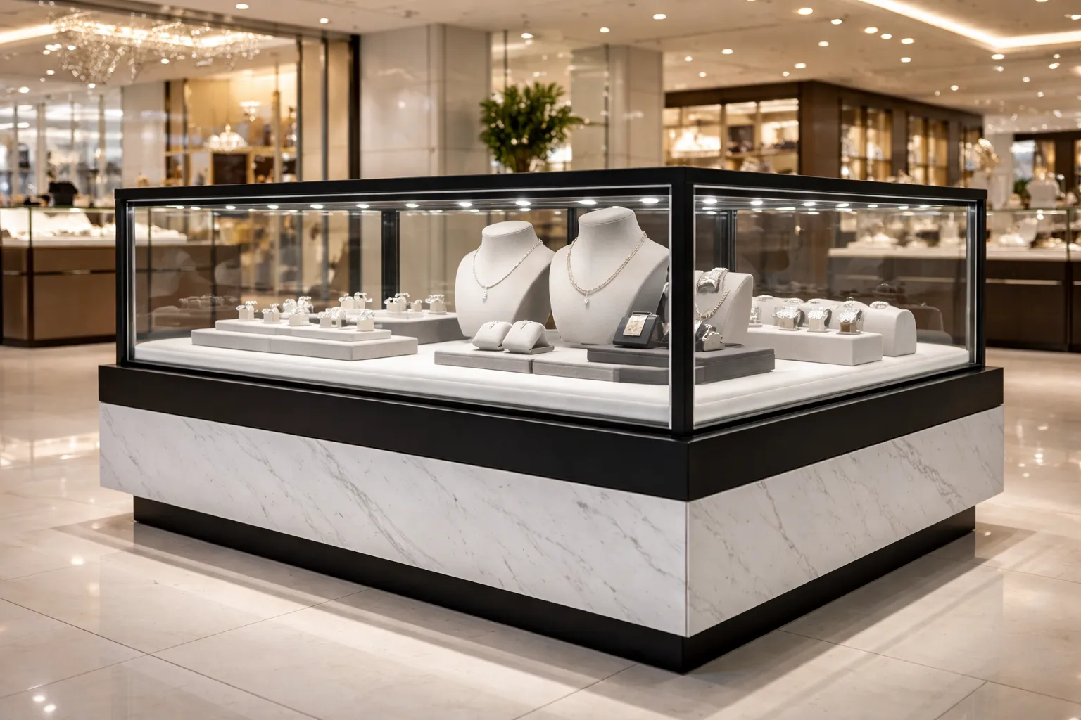 Gracedisplay luxury jewelry display case with marble base, black metal frame, and glass cover for necklaces and rings retail fixtures.