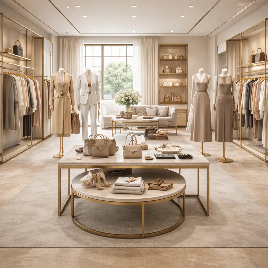 Gracedisplay luxury retail store display fixtures, gold metal racks, marble tables, and mannequin stands for boutique.