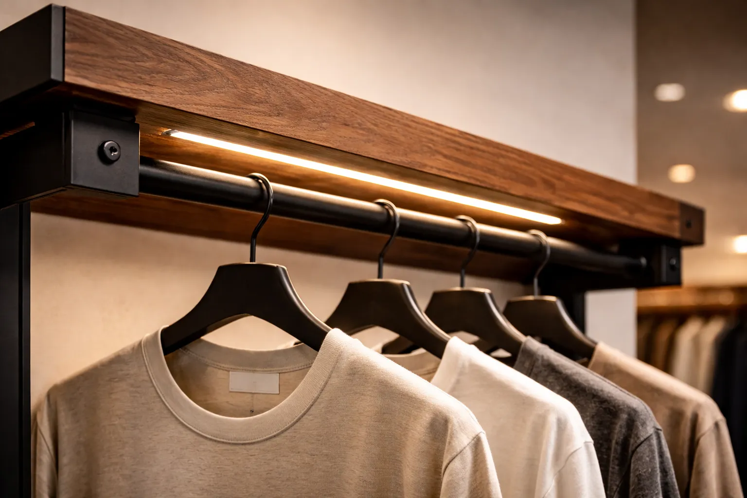 Gracedisplay modern clothing display rack with wood shelf, integrated LED lighting, and black metal frame for retail store fixtures.