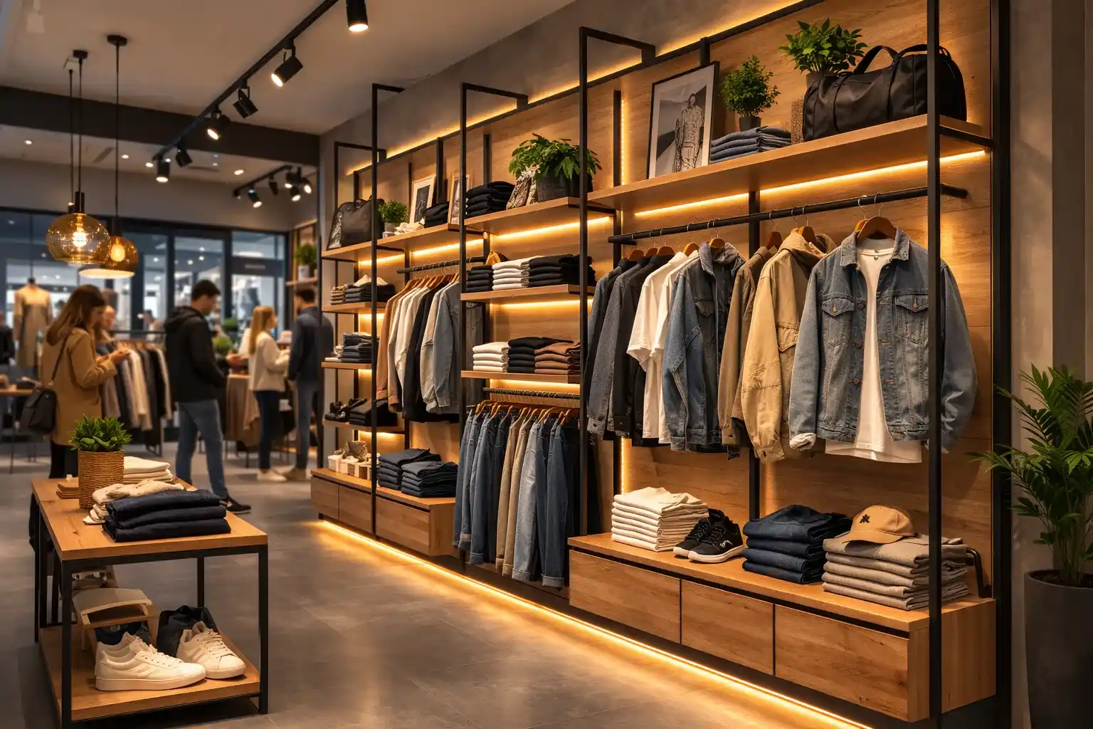 Gracedisplay modern clothing store fixtures with wood shelves, LED lighting, black metal frame for shirts, jeans, and accessories retail.