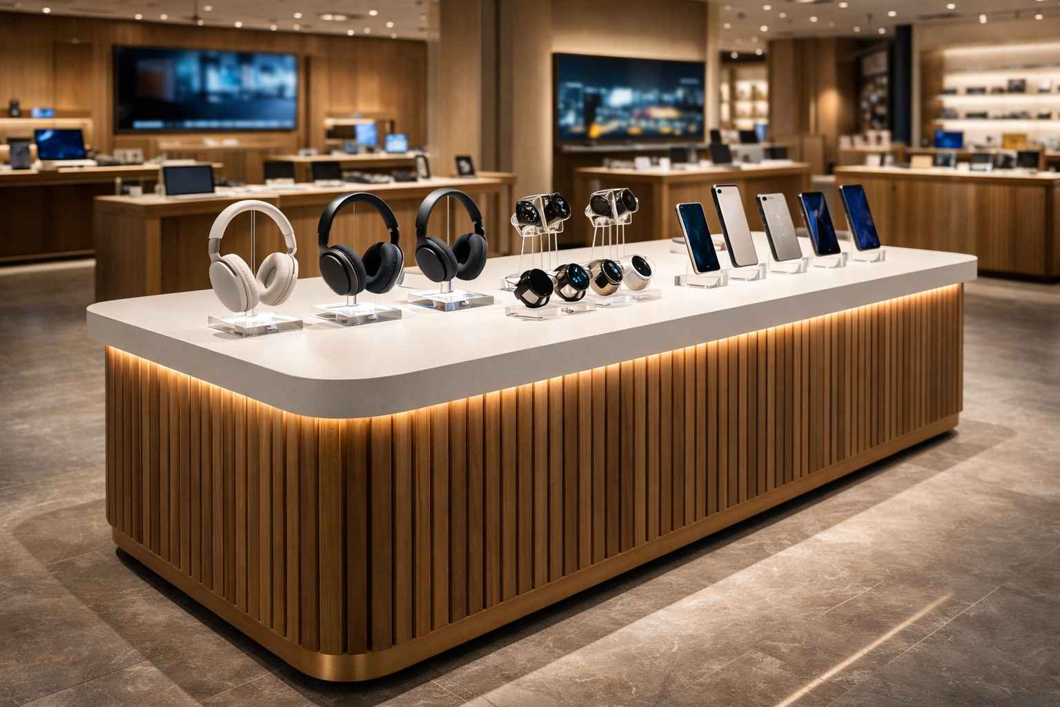 Gracedisplay modern electronics display table with wood slats, LED lighting, for mobile phones, headphones, and smartwatches retail.