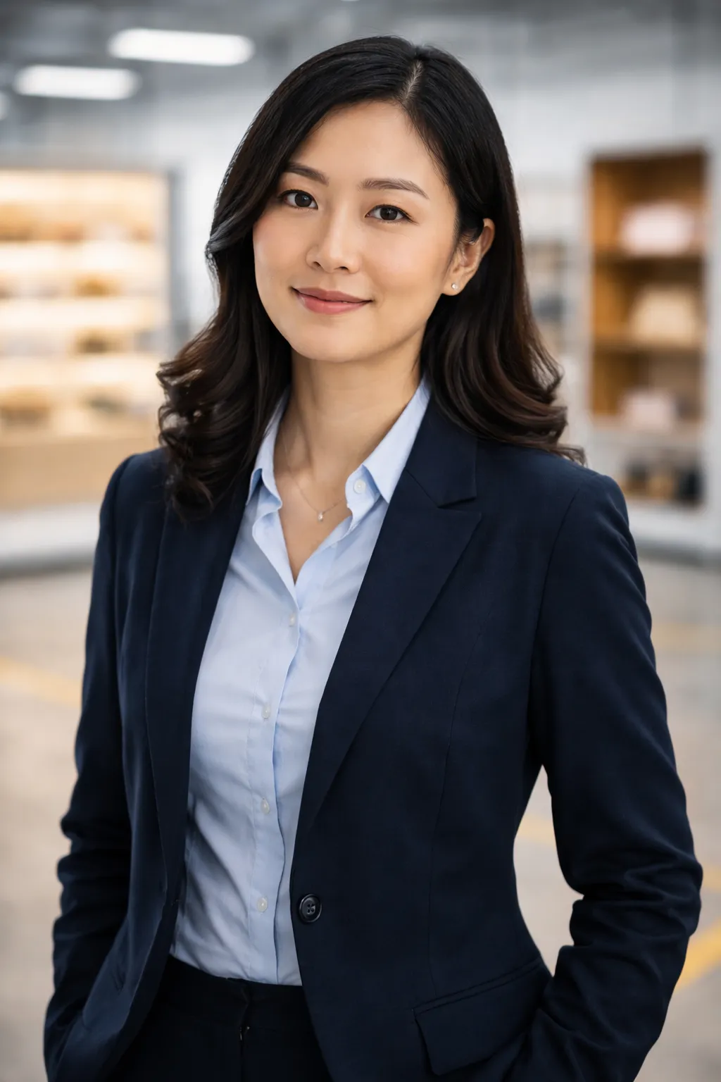 Li Mei at Gracedisplay, custom display rack expert in a showroom with retail fixtures.