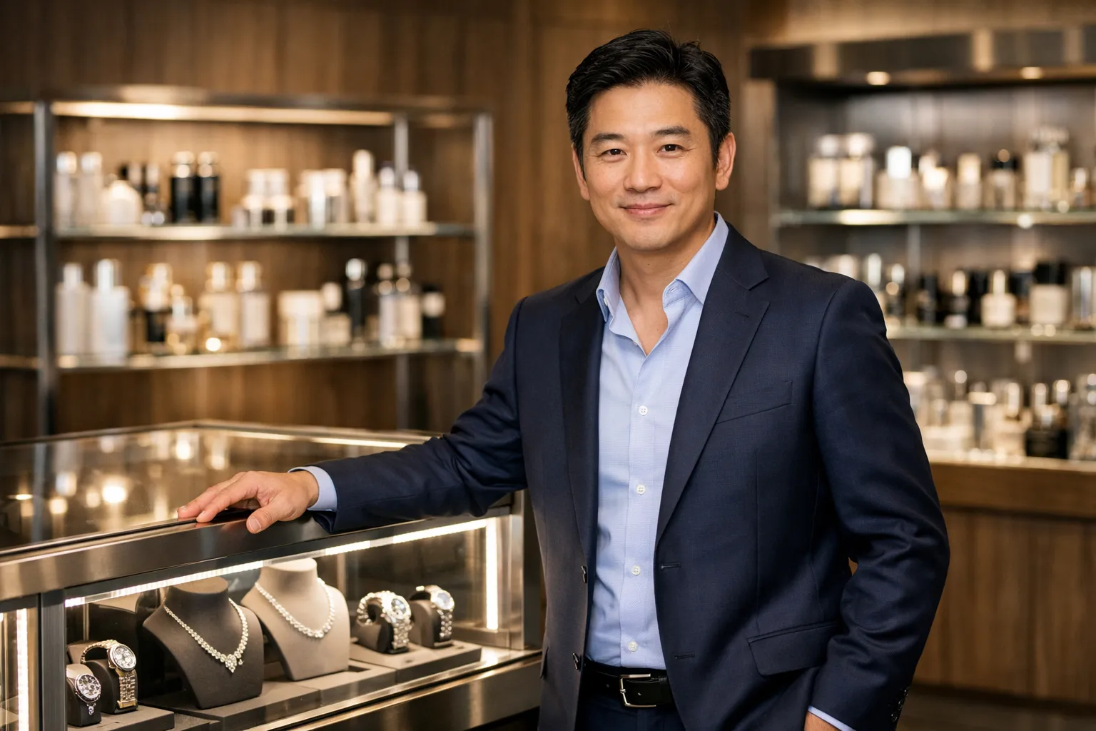 Founder & CEO Mr. Liu with custom display rack in luxury store.