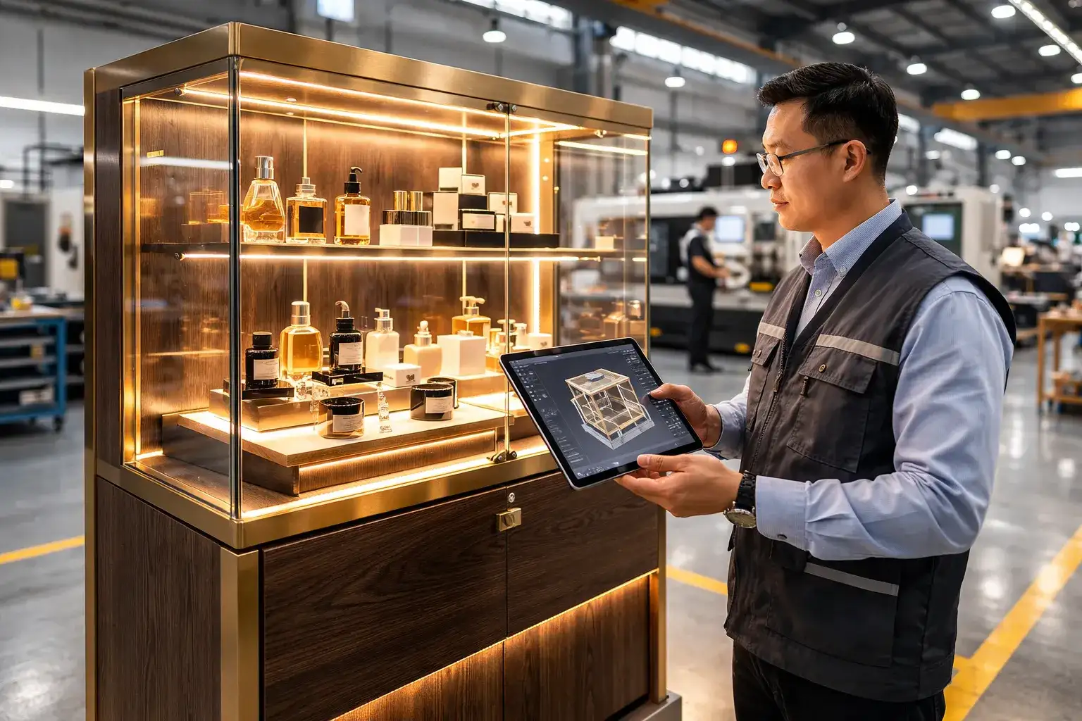 Gracedisplay Production Manager David Chen reviews custom display cabinet design via tablet in factory.