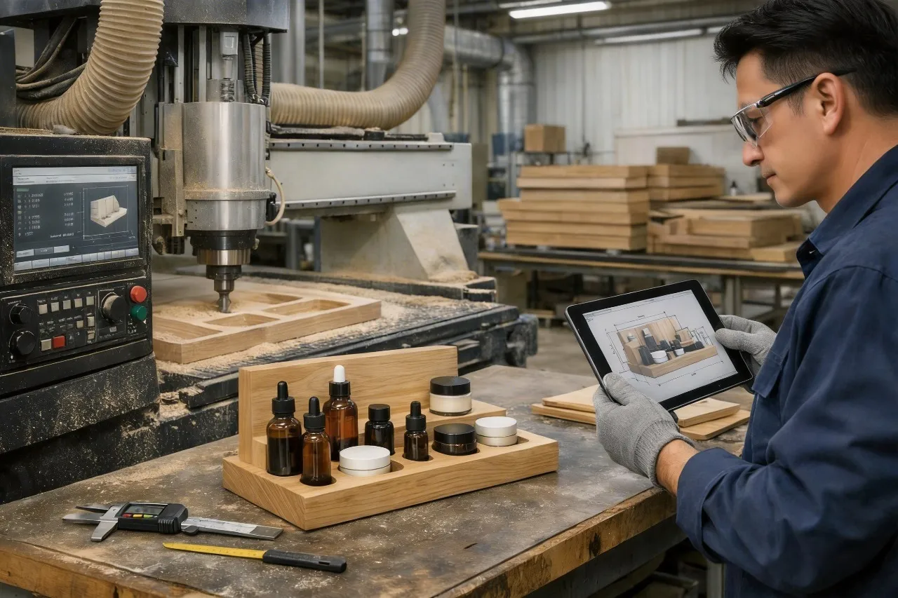 Gracedisplay Production Manager inspects custom display cabinet CNC machining in workshop.