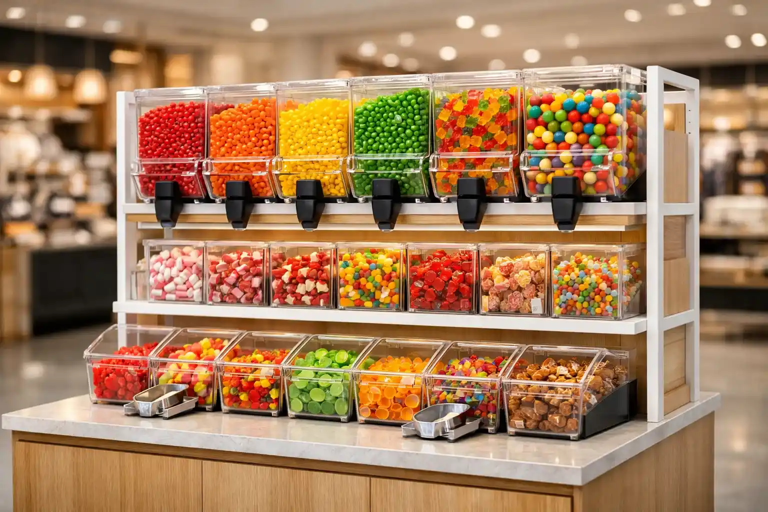 Gracedisplay custom bulk candy display rack with dispensers for retail stores.