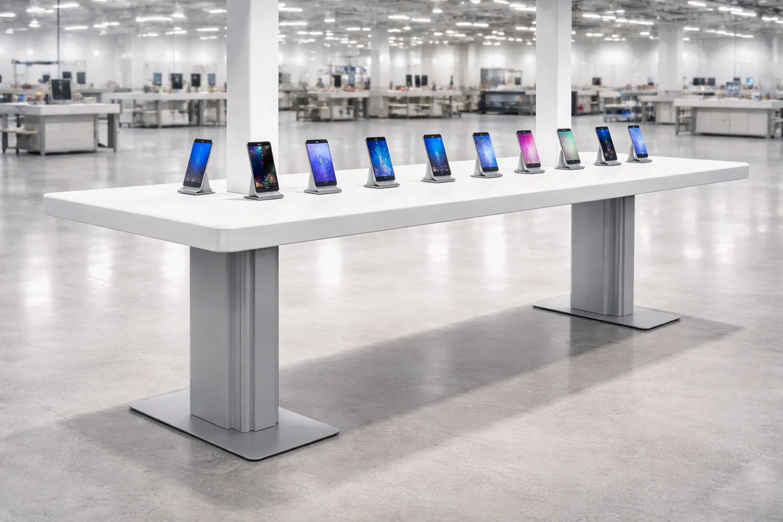 Gracedisplay custom electronics display table with smartphone stands in modern factory.
