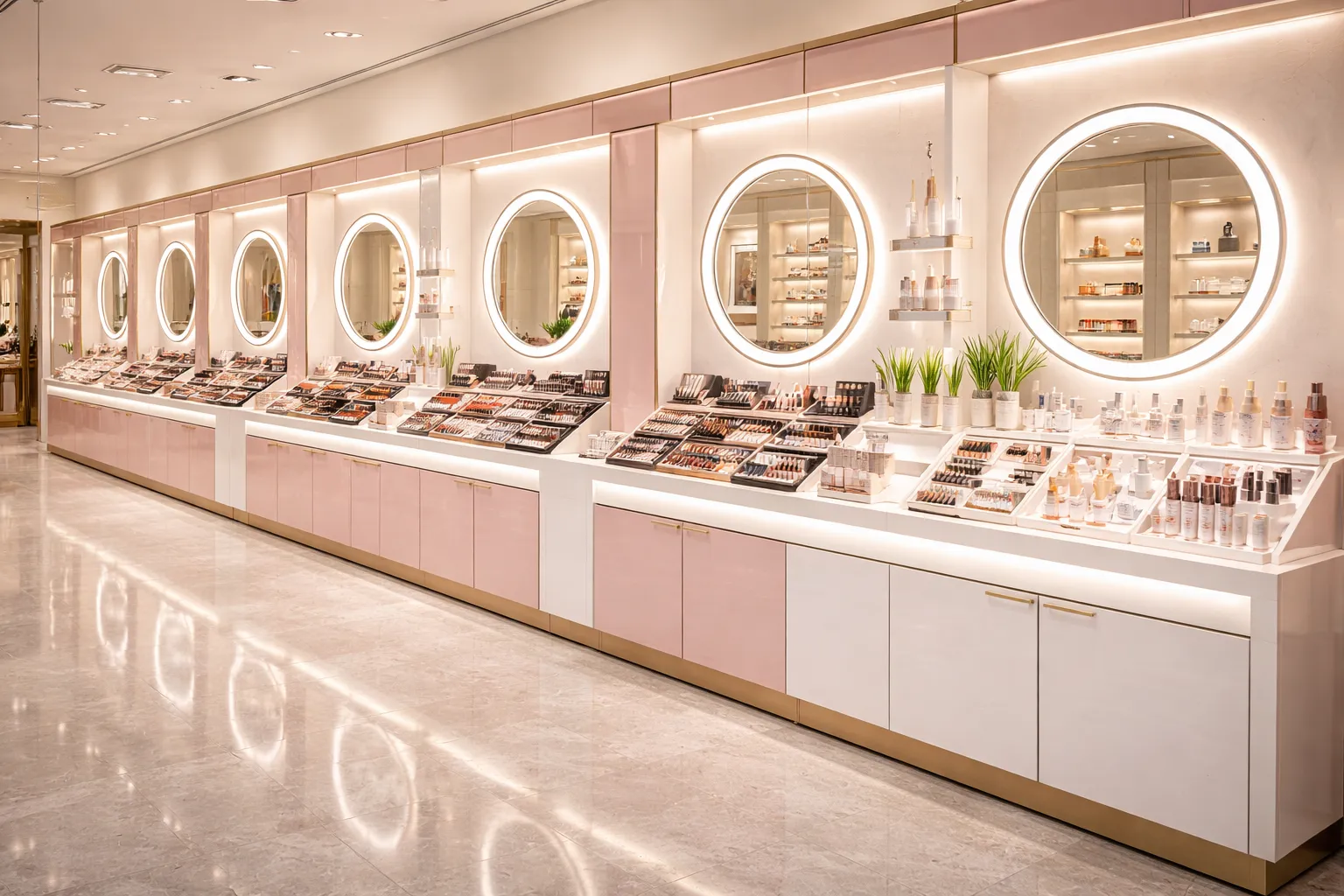 Gracedisplay custom luxury cosmetics display shelves with LED mirrors for beauty retail.