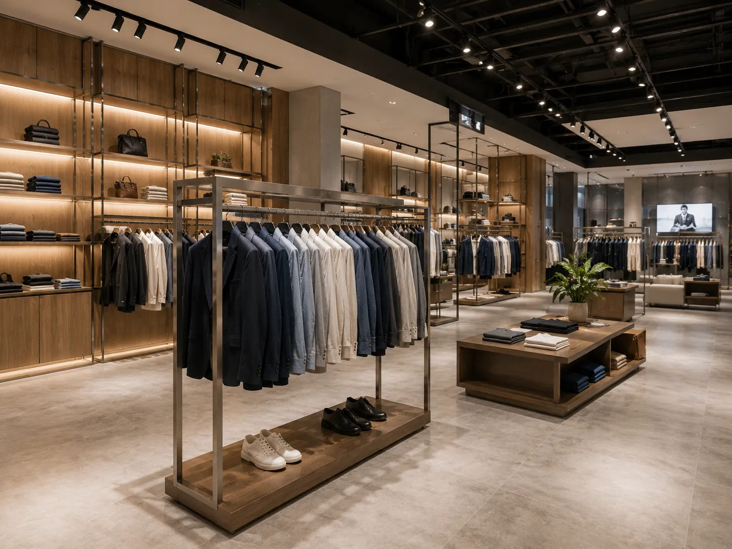 Custom brushed steel garment racks and wood wall systems for flagship apparel stores by Grace Export