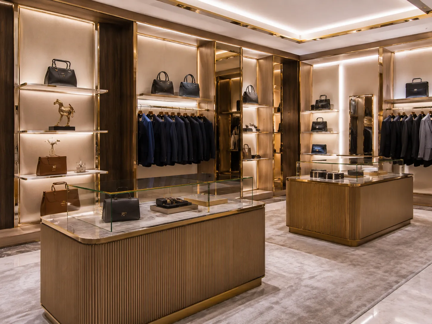 Custom luxury boutique shopfitting with brushed gold metal displays and integrated LED lighting by Grace Export