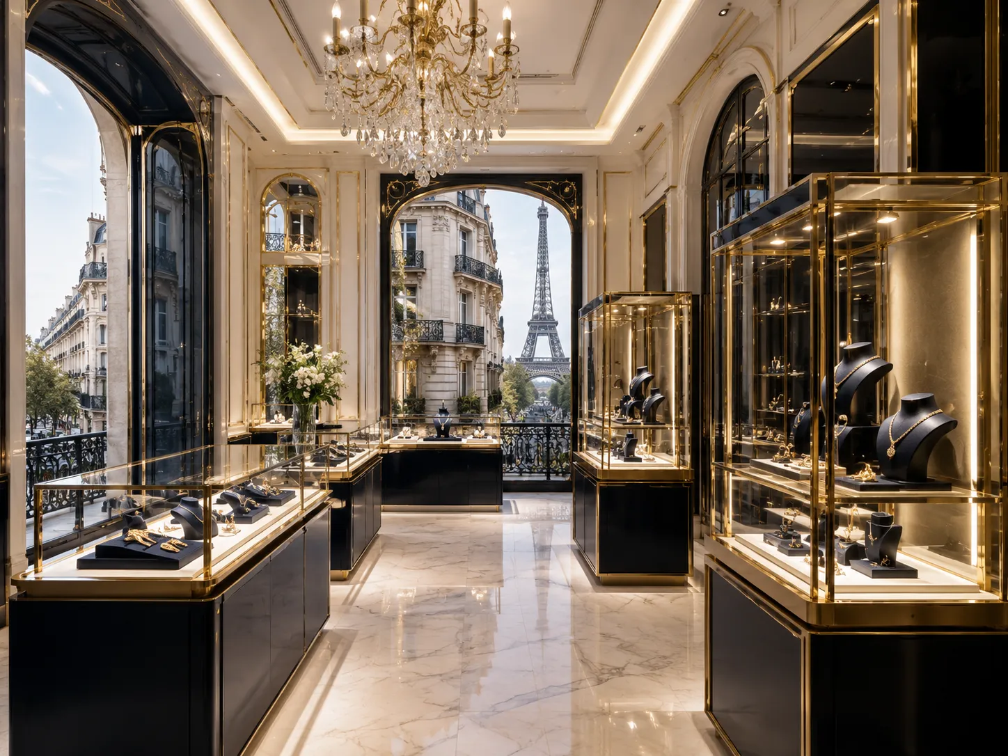 Luxury jewelry display cabinets with gold accents and smart security locks in Paris boutique by Grace Export