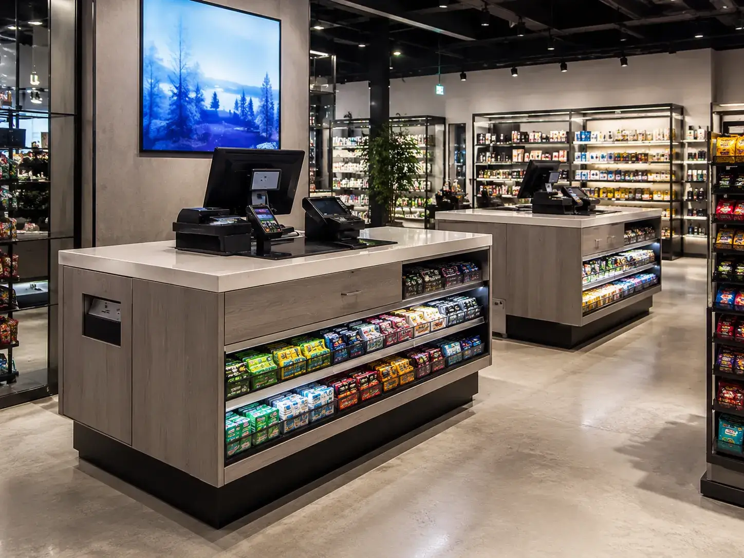 Custom retail checkout counters and cash wraps with impulse display shelving for shopfitting by Grace Export