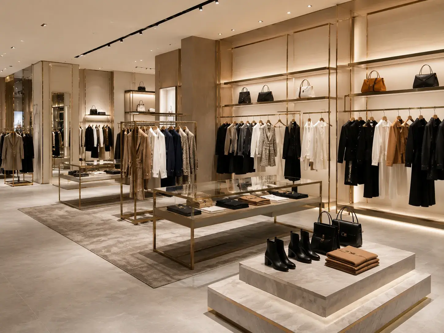Luxury boutique shopfitting with bespoke gold metal racks and floating glass shelves by Grace Export