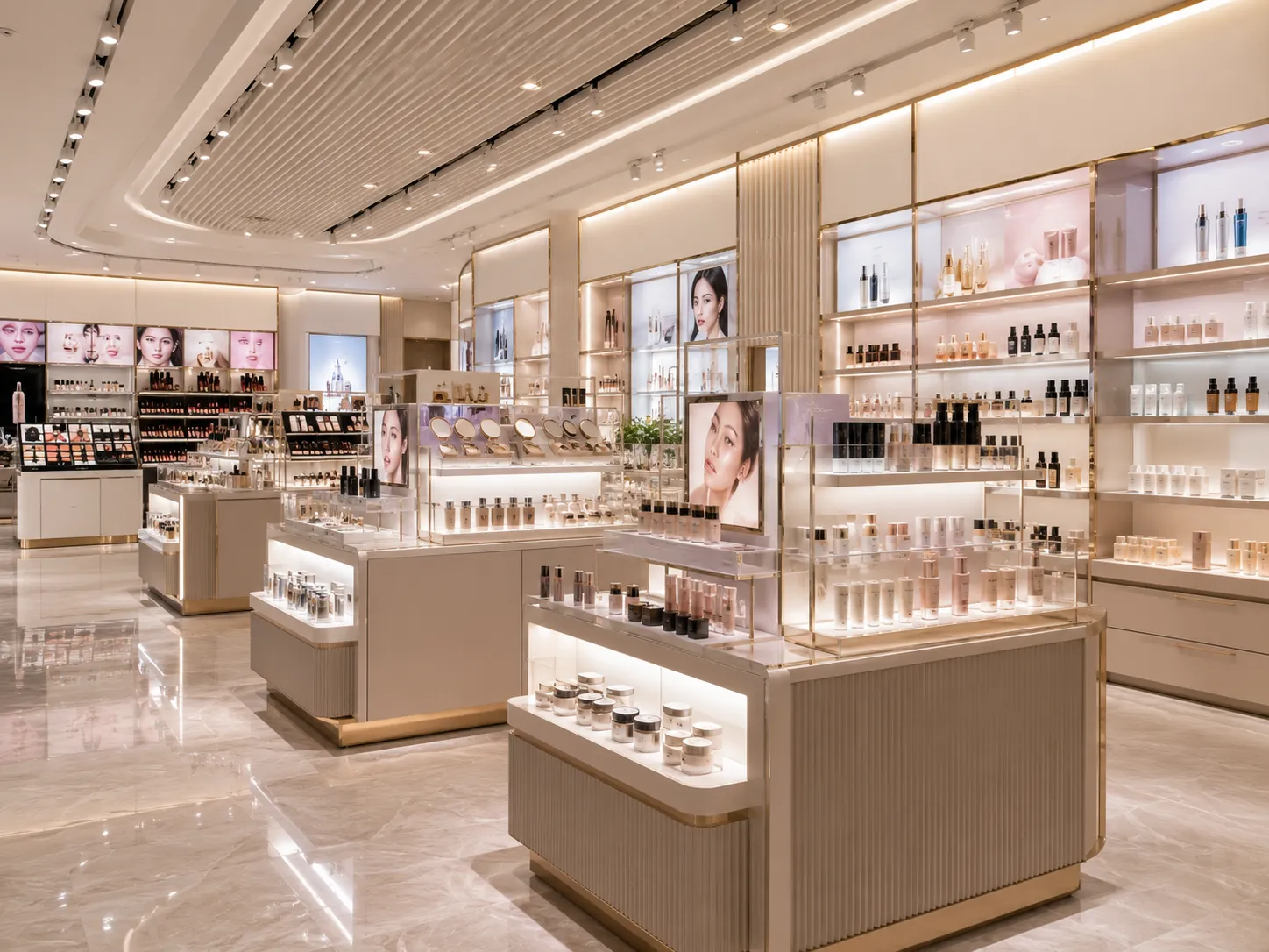 Modular LED-lit cosmetics display stands and shopfitting by Grace Export for global beauty brand chains