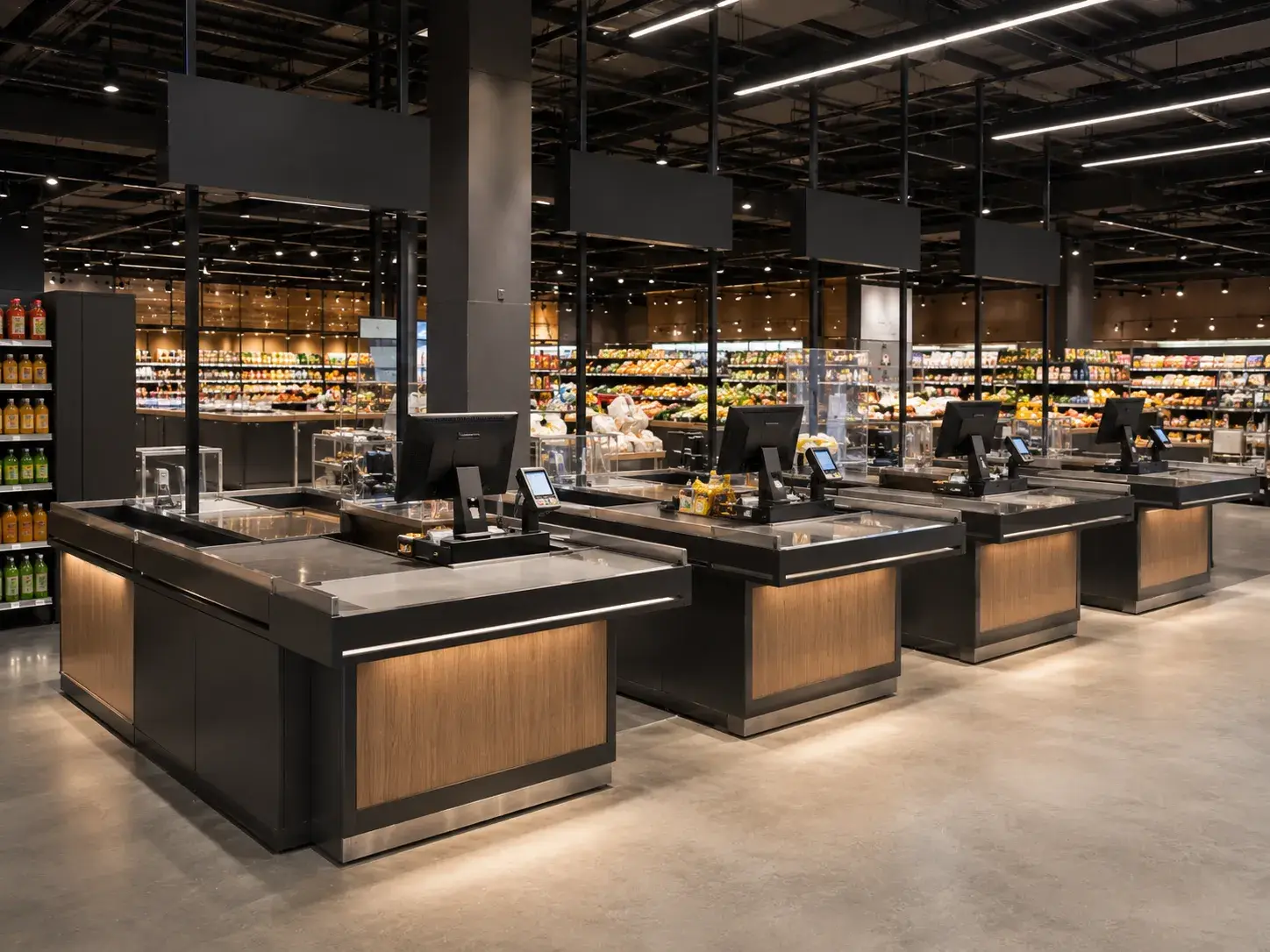 Modern supermarket checkout counters and turnkey grocery shopfitting layouts with LED lighting by Grace Export
