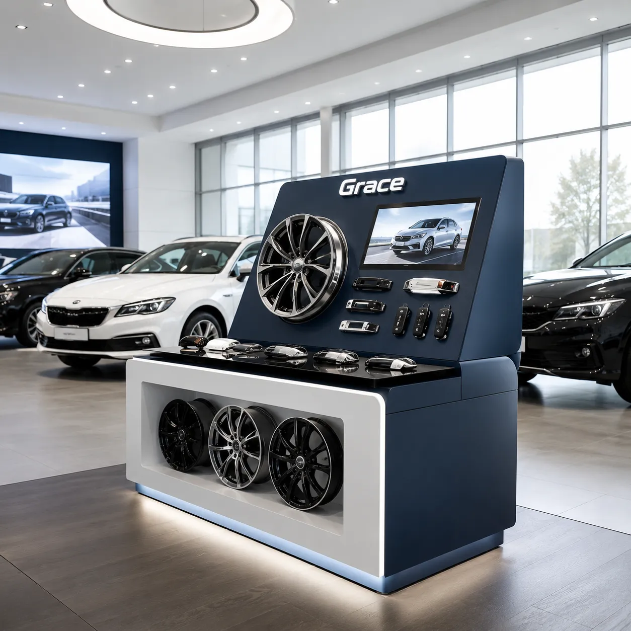Custom automotive showroom display podium with interactive screen and wheel racks for dealership shopfitting