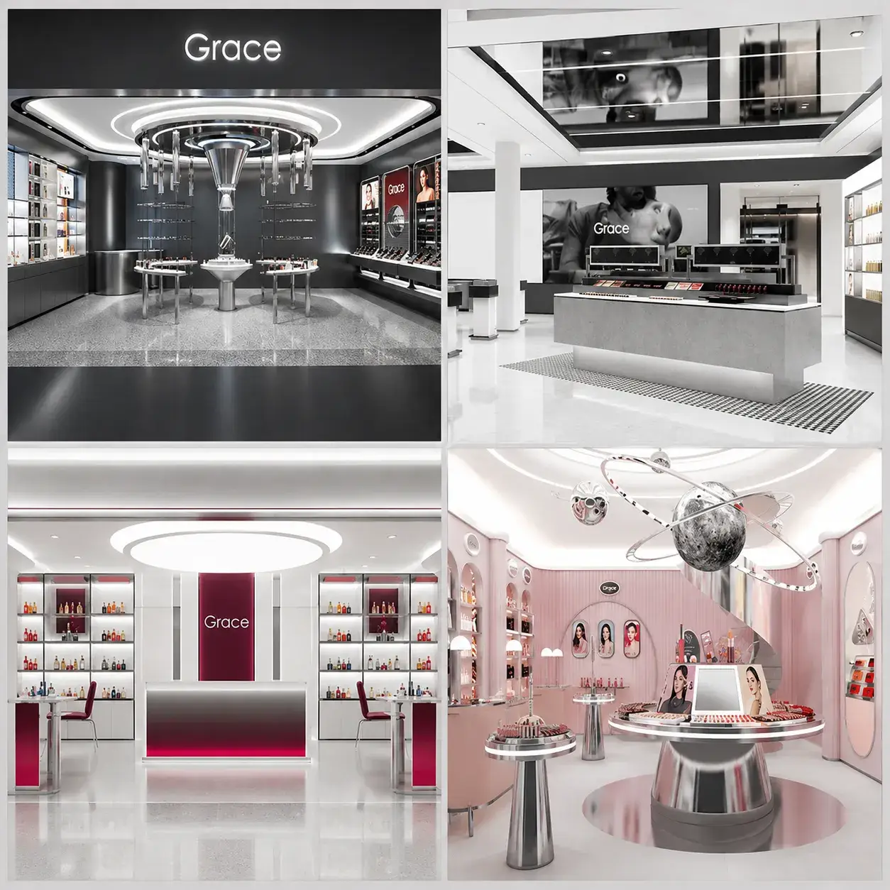Bespoke beauty store design and shopfitting systems with display cabinets for themed retail boutiques