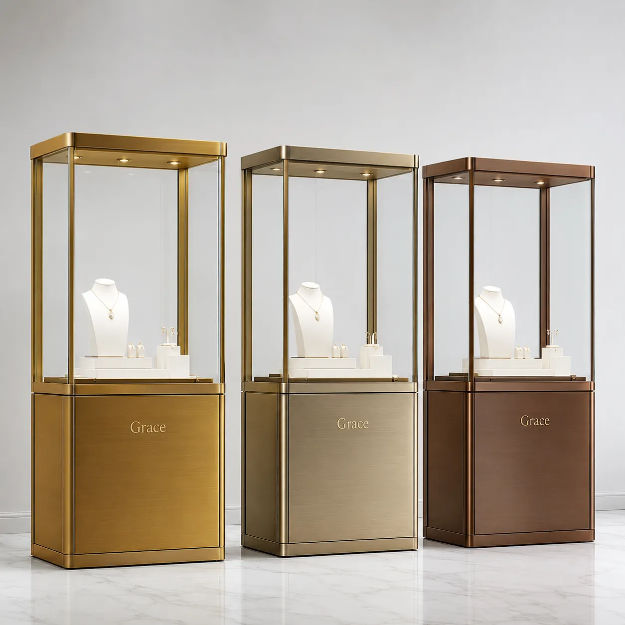 Bespoke 304 stainless steel jewelry pedestal showcases in brushed gold and brass for shopfitting