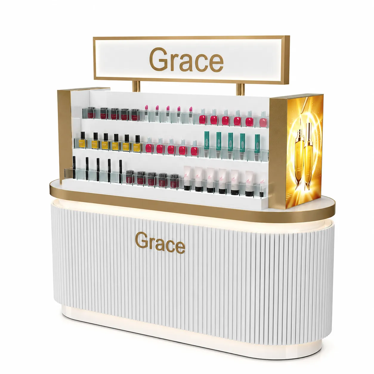 Bespoke beauty island shopfitting stand with LED lightbox and gold accents for retail stores