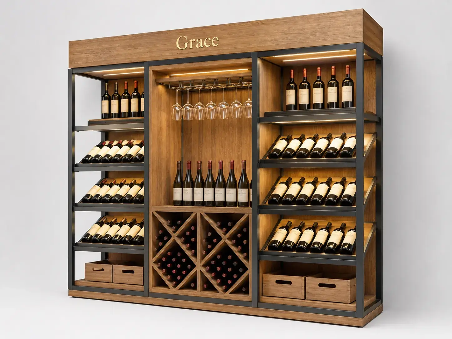 Custom industrial style wine display shelving with heavy duty metal frame and timber racks for premium cellar