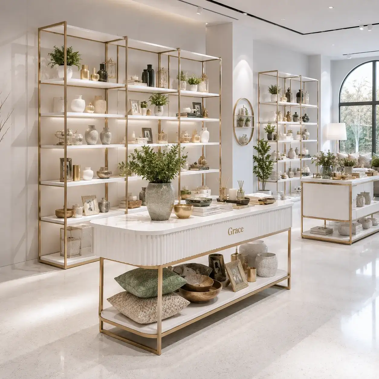 Bespoke gold home decor and lifestyle shelving with fluted display table for boutique shopfitting