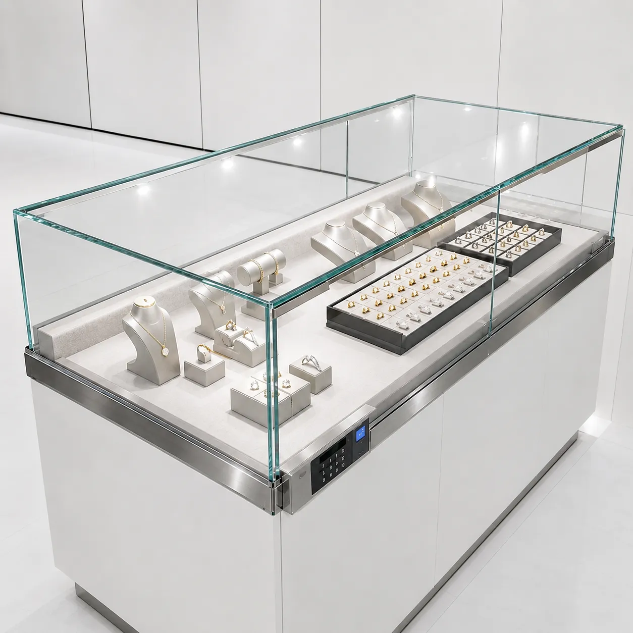 Bespoke jewelry shopfitting glass showcase with secure digital locking and ultra clear glass