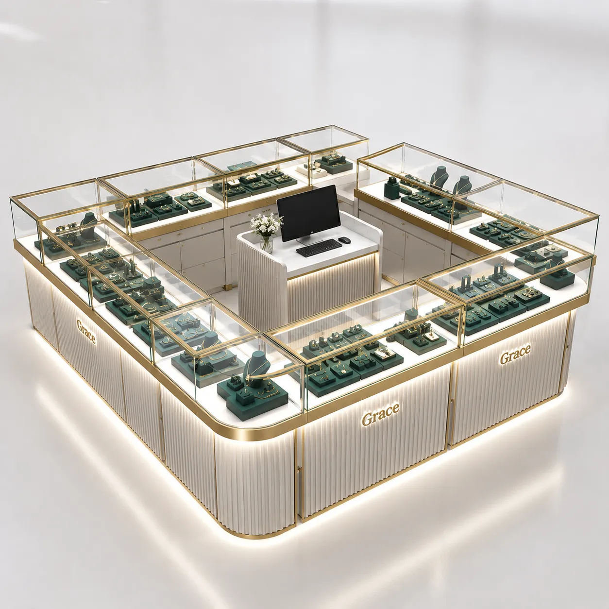Bespoke jewelry mall kiosk with gold glass display cabinets and LED lighting for shopfitting