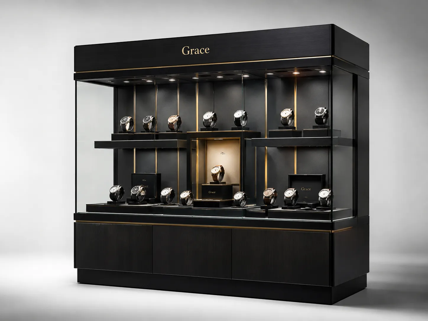 Bespoke luxury watch showcase cabinet with integrated LED spotlights for boutique shopfitting
