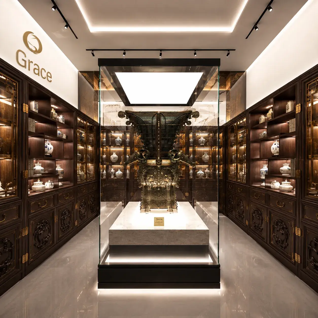 Bespoke Museum & Art Gallery Showcase with carved wood cabinets and central glass display case