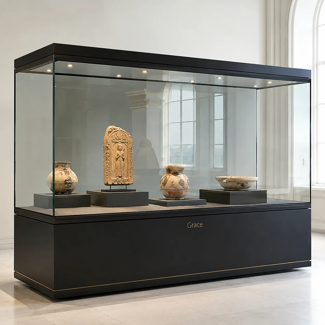 Bespoke museum quality exhibition case with ultra clear security glass and LED lighting for artifacts