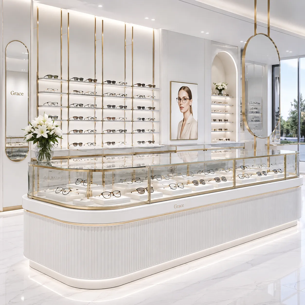 Bespoke optical boutique shopfitting with fluted eyewear island counter and LED backlit frame wall racks