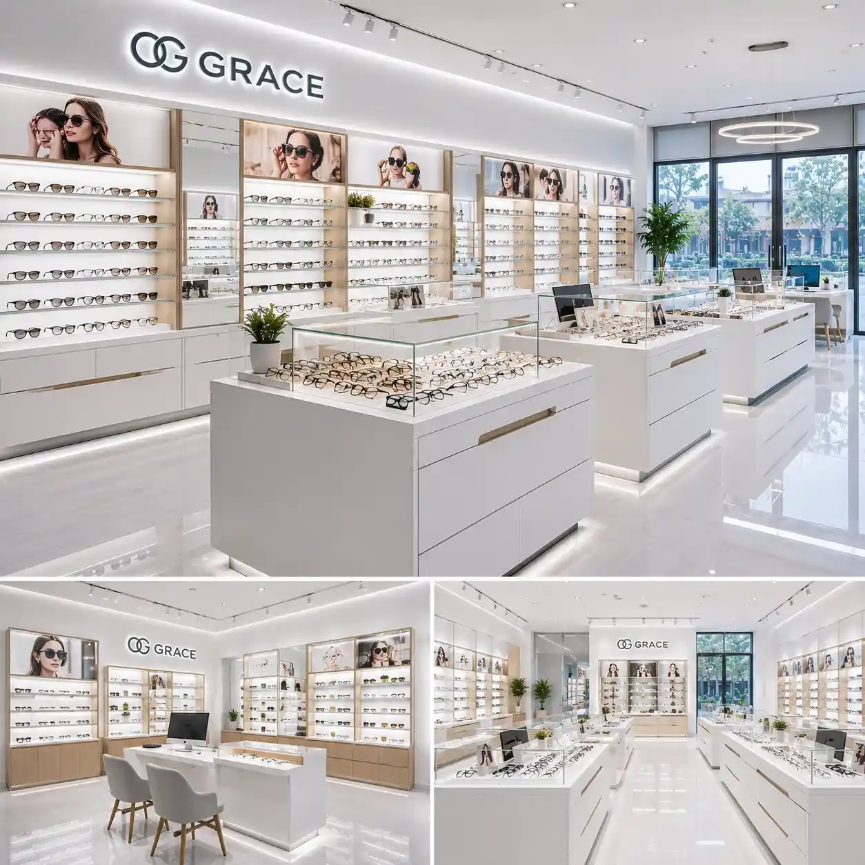 Bespoke Optical Store Shopfitting: custom eyewear display cabinets and LED wall shelves
