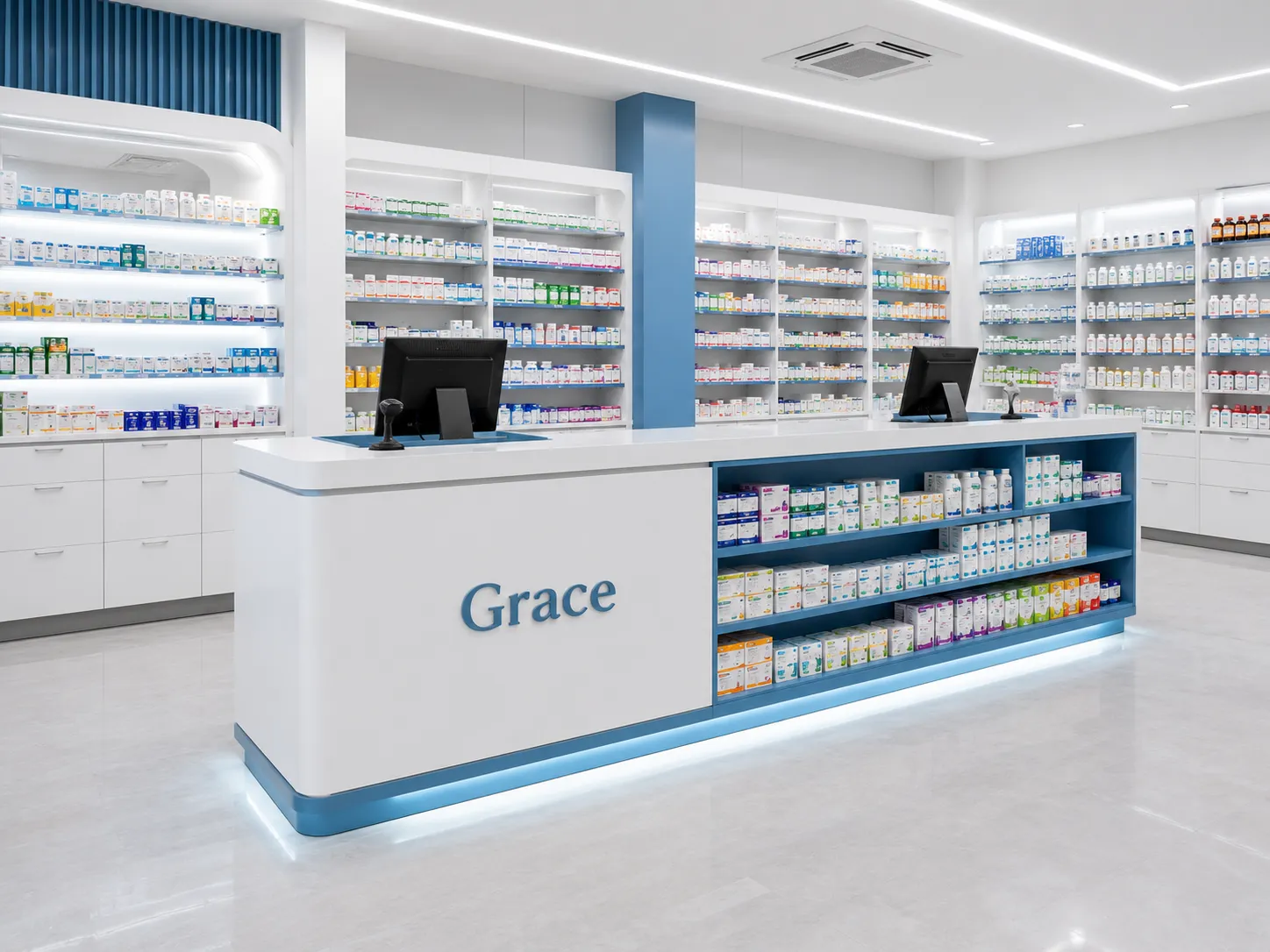 Custom pharmacy shopfitting with curved prescription counter and high density medical shelving